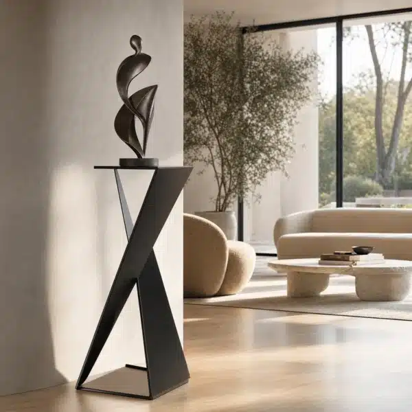 Sockel Contemporanio aus schwarzem Stahl mit einer Bronzeskulptur in einem modernen Wohnraum